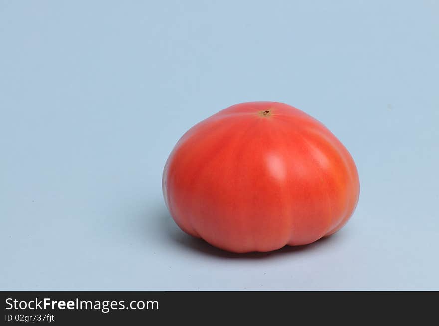 One tomato in a light blue background