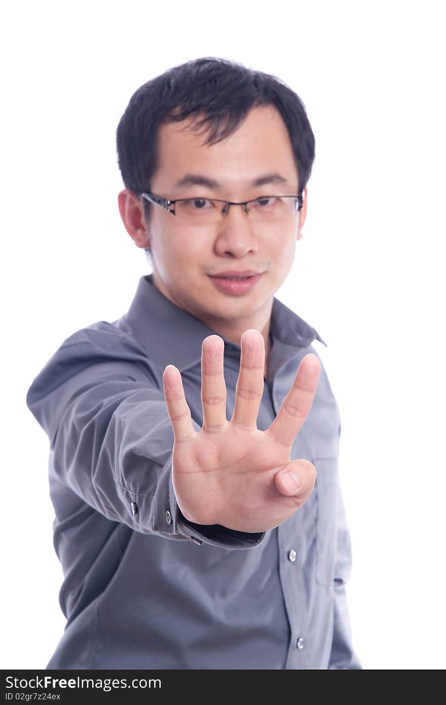 Young asian male model with hand gesture in business shirt