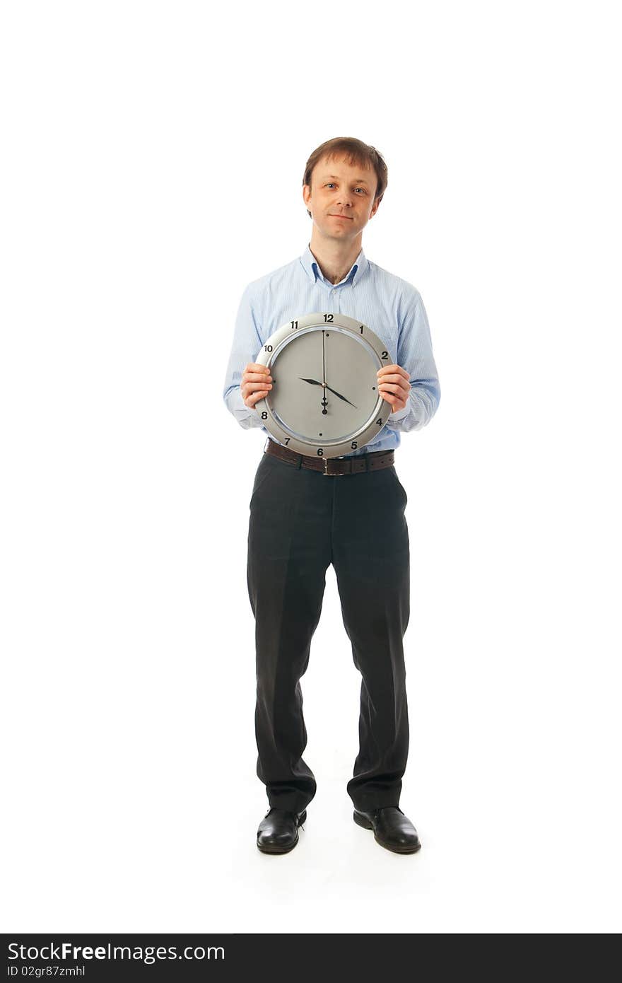 The businessman with clock isolated on a white