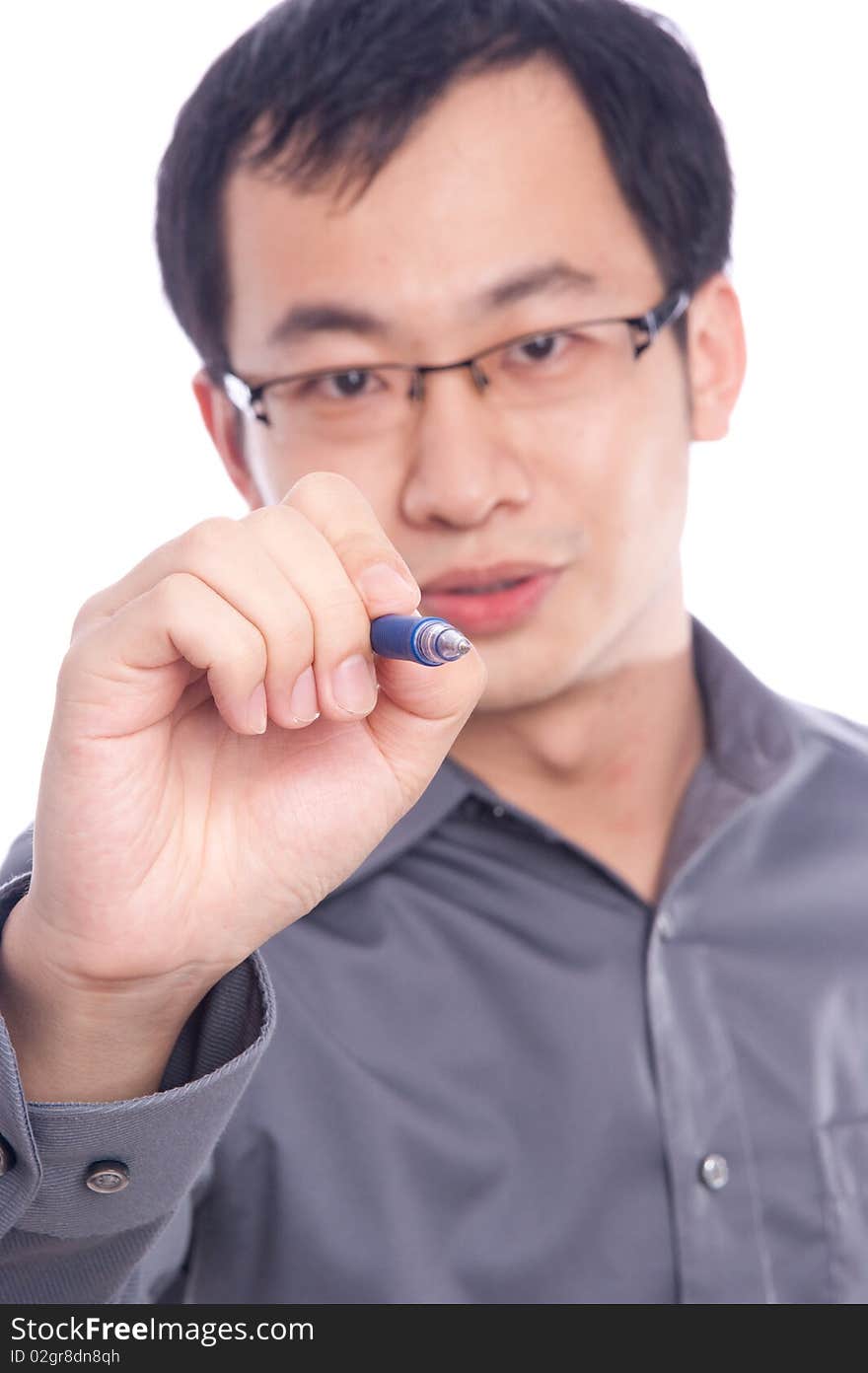 Young asian male model with hand gesture in business shirt