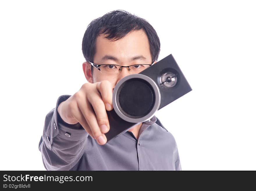 Young asian male model with hand gesture in business shirt