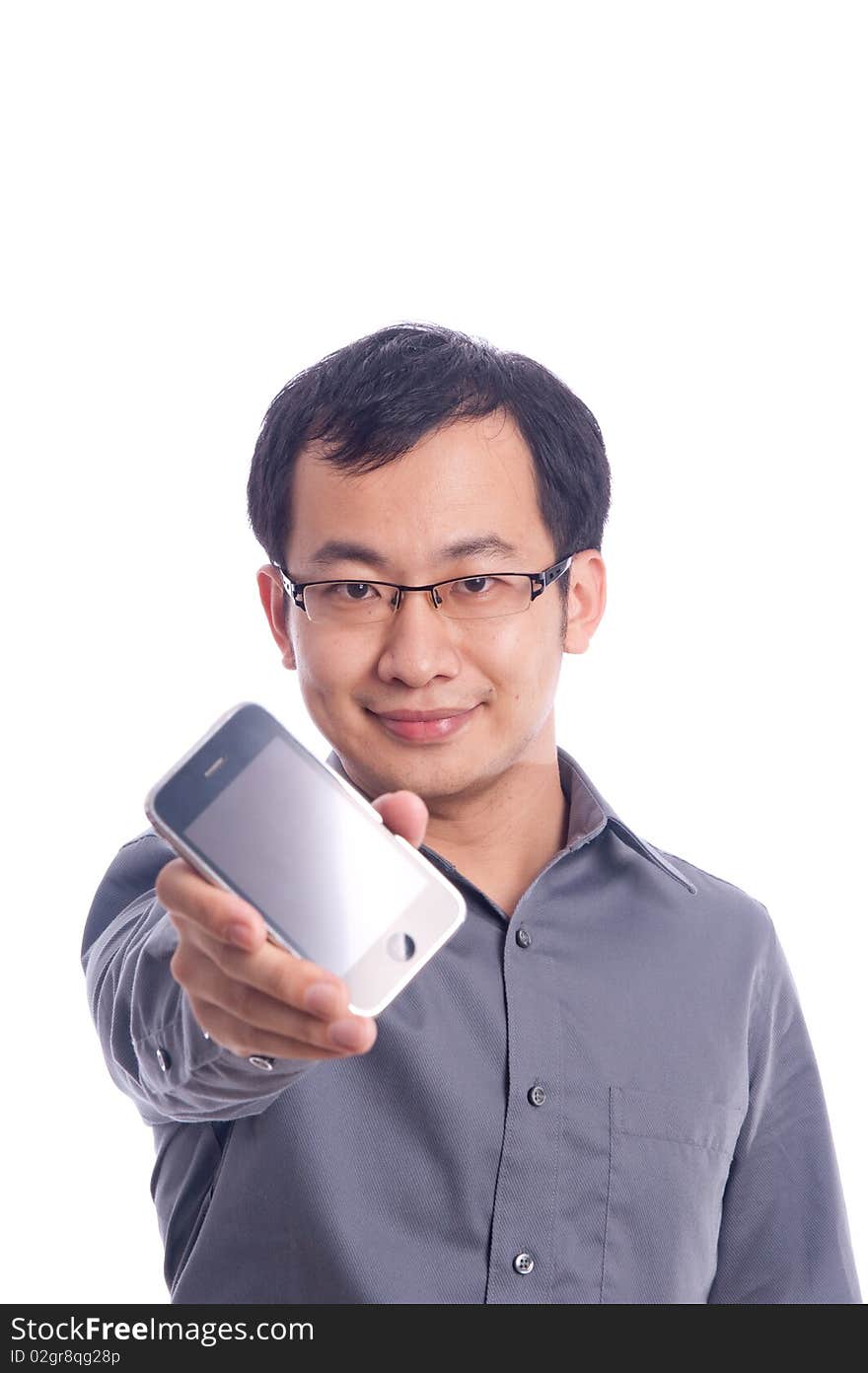 Young asian male model with hand gesture in business shirt