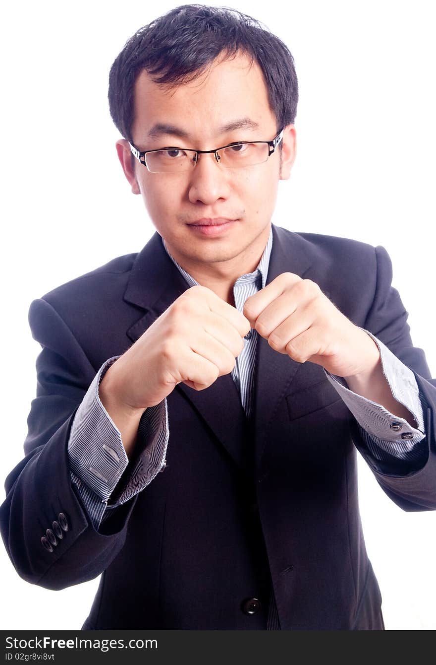 Young asian male model with hand gesture in business shirt