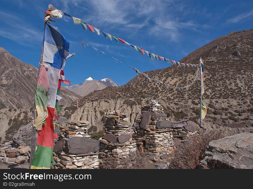 Khantungkang & Syangang view through buddist flags