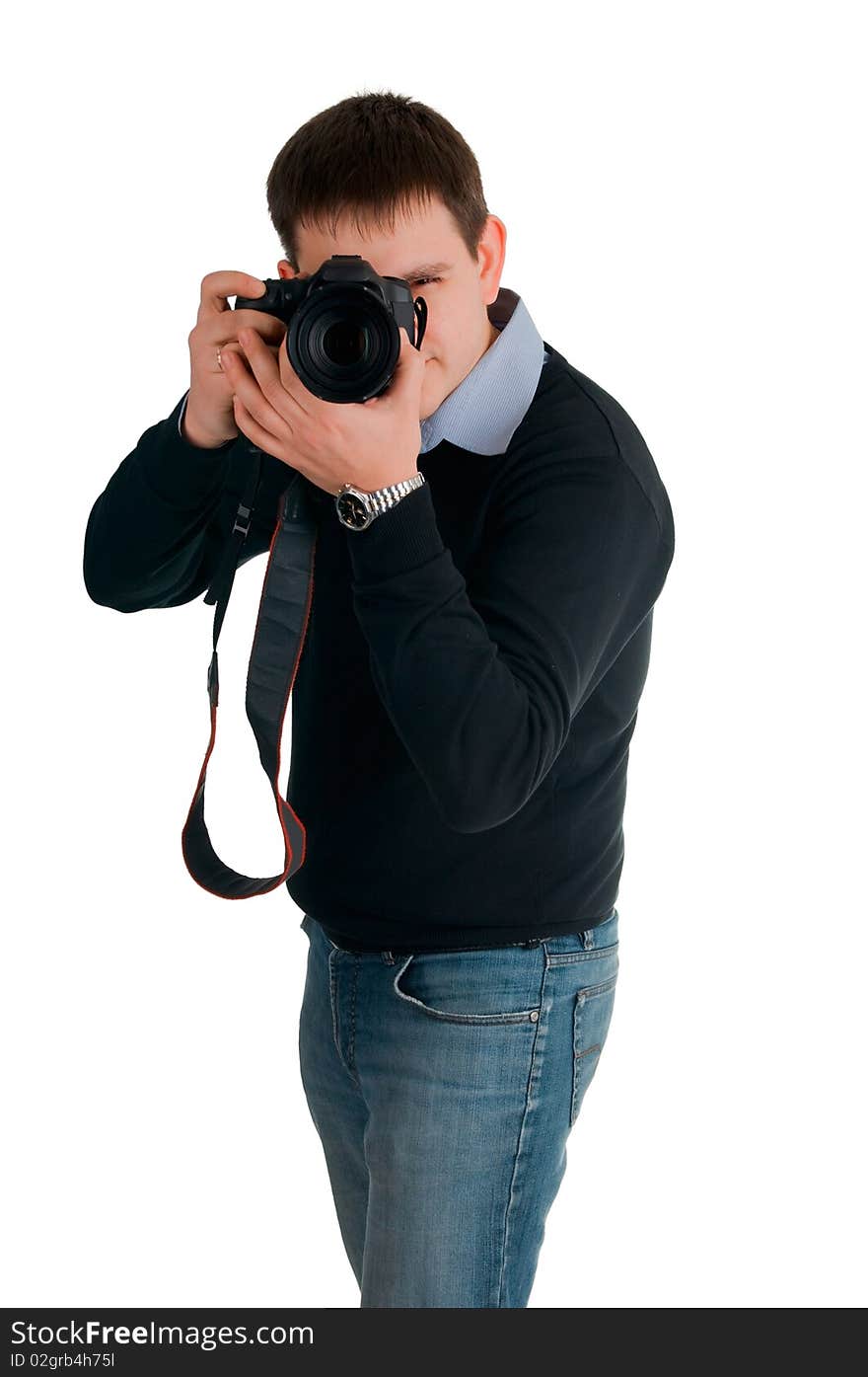 The man photographs, on white background. The man photographs, on white background