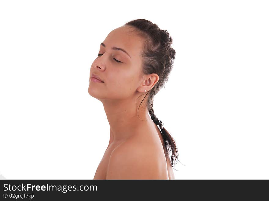 Portrait of beautiful woman on white background