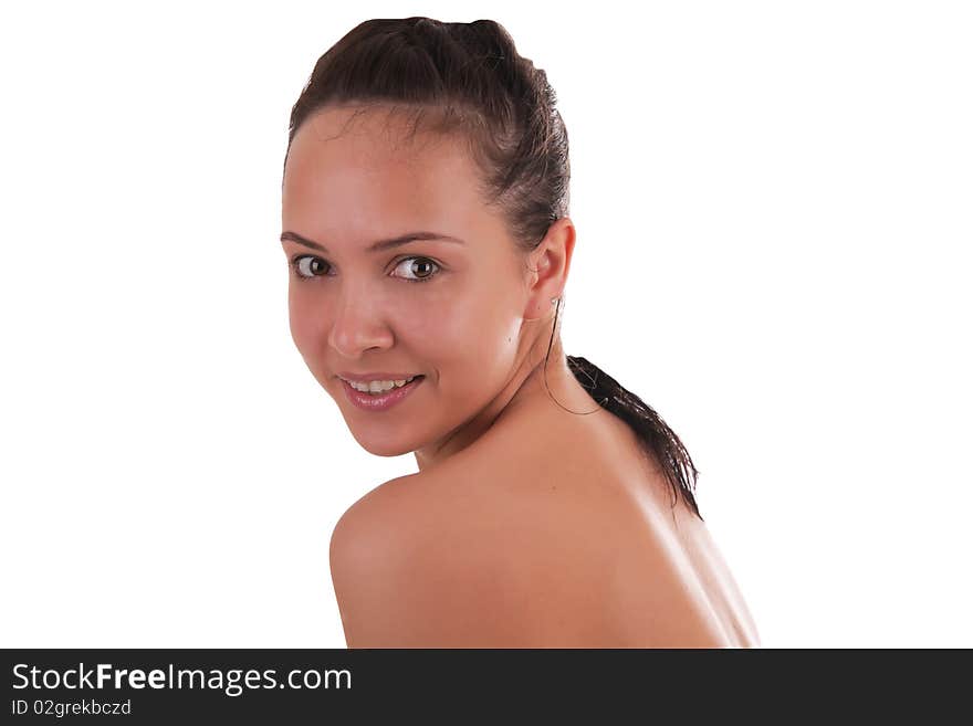 Portrait of beautiful woman on white background