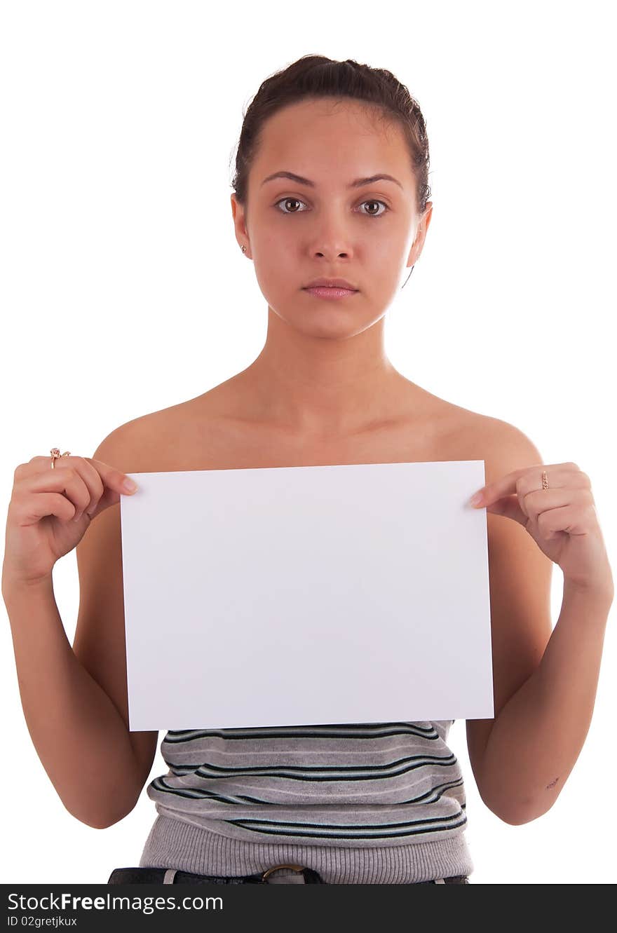 Portrait of beautiful woman with a white list of paper on white background