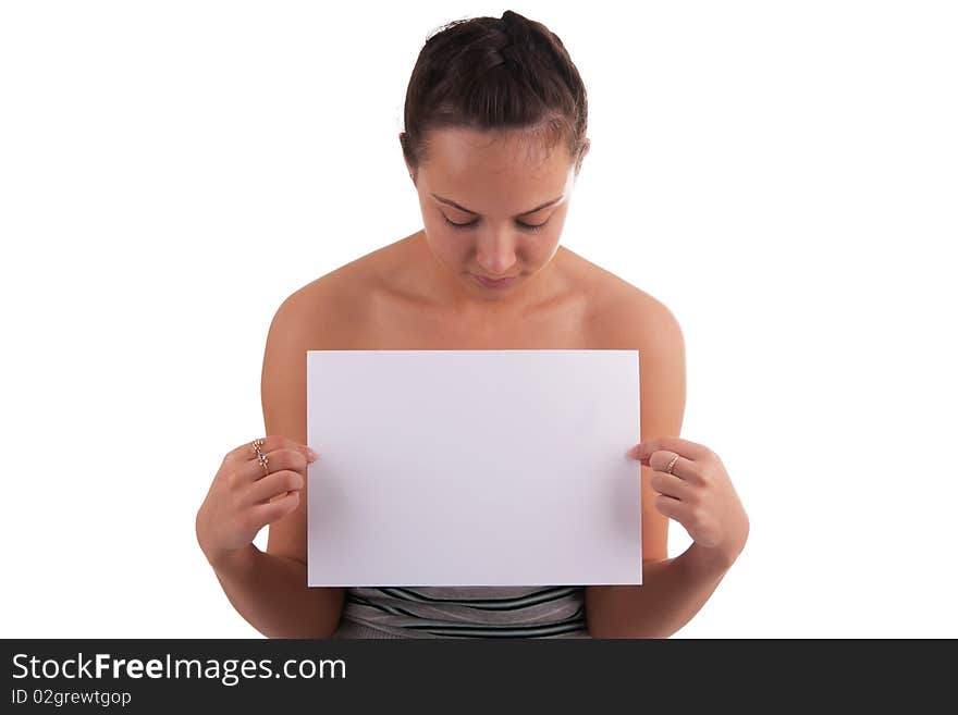 Portrait of beautiful woman with a white list of paper on white background