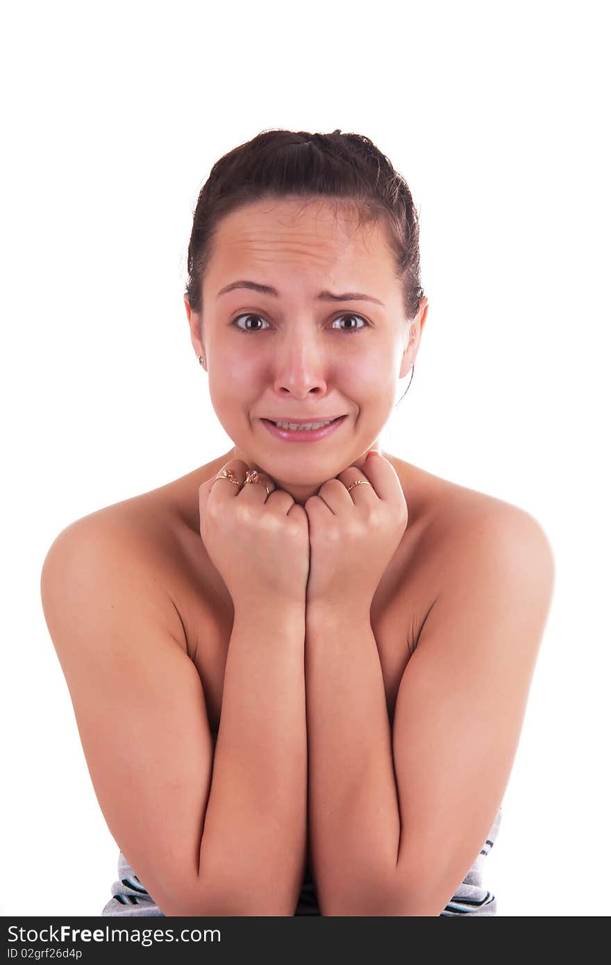 Portrait of beautiful woman with a emotion on her face on white background