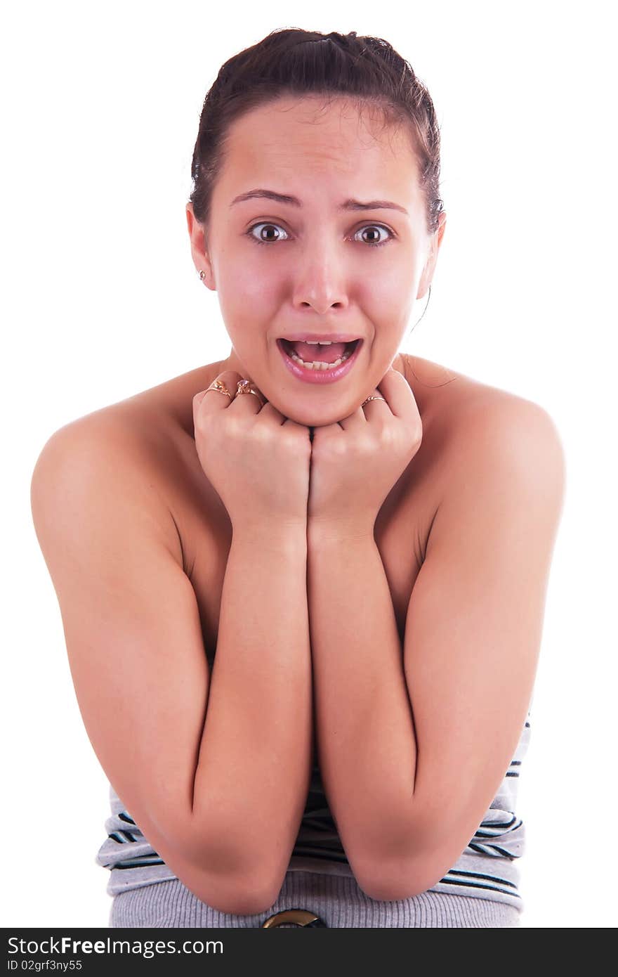 Portrait of beautiful woman with a emotion on her face on white background