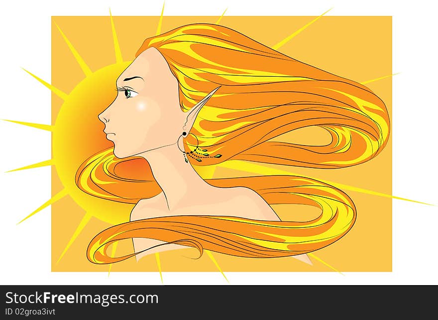 Spring is represented as a face of a young woman with long orange hair with sun on the background.