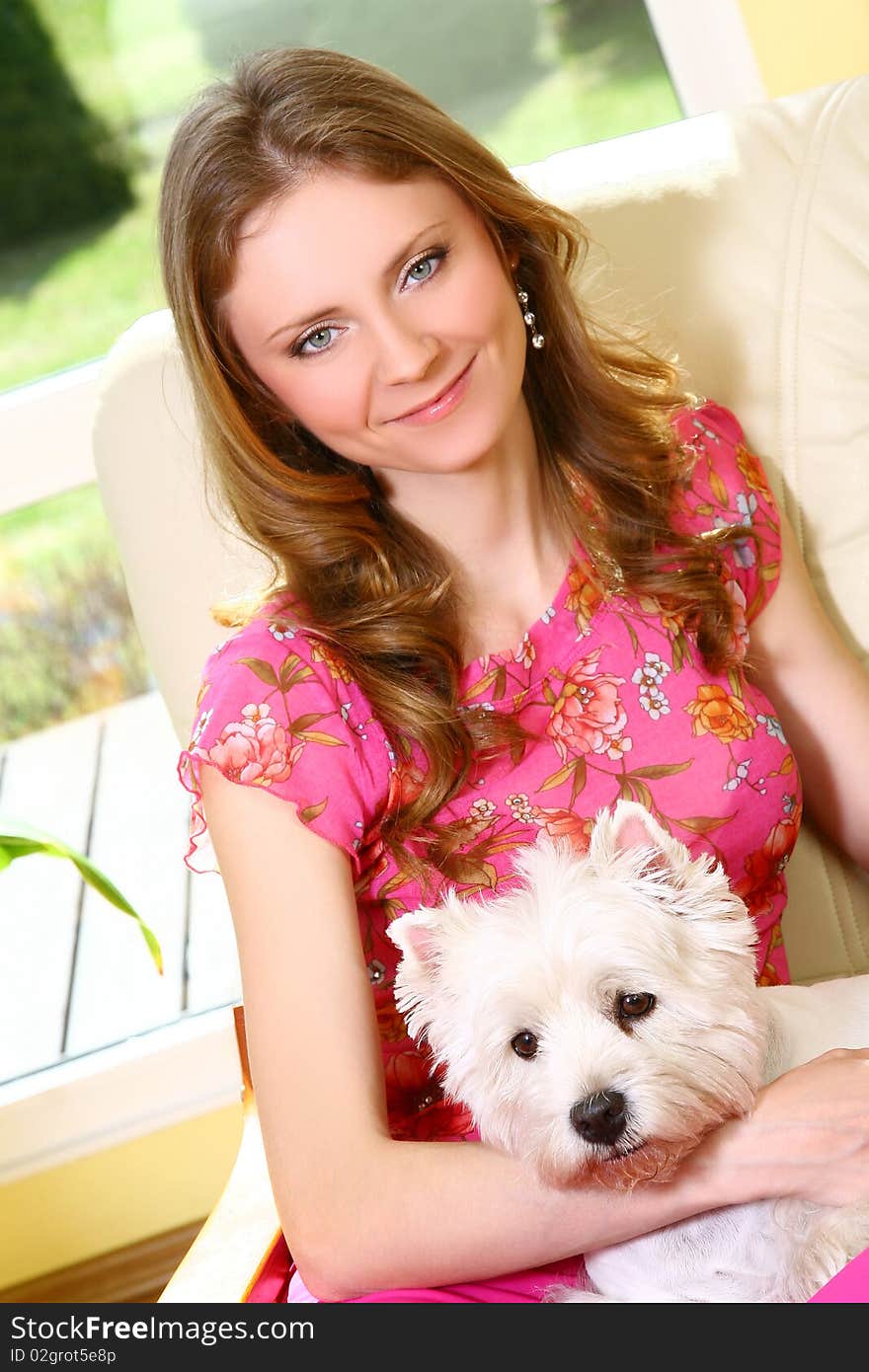 Beautiful Woman With White Dog