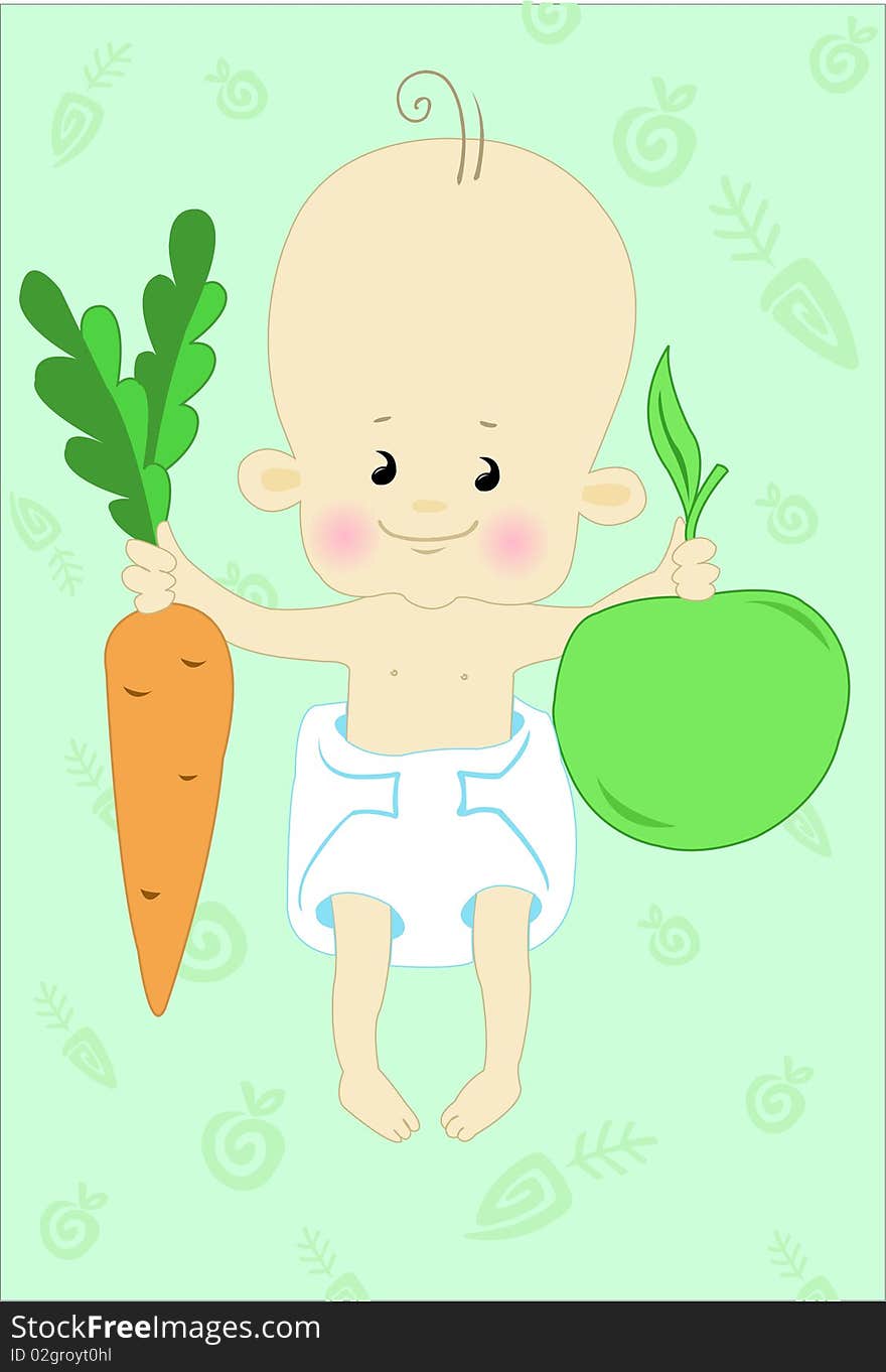 Baby in nappy holds the apple and carrot. Baby in nappy holds the apple and carrot