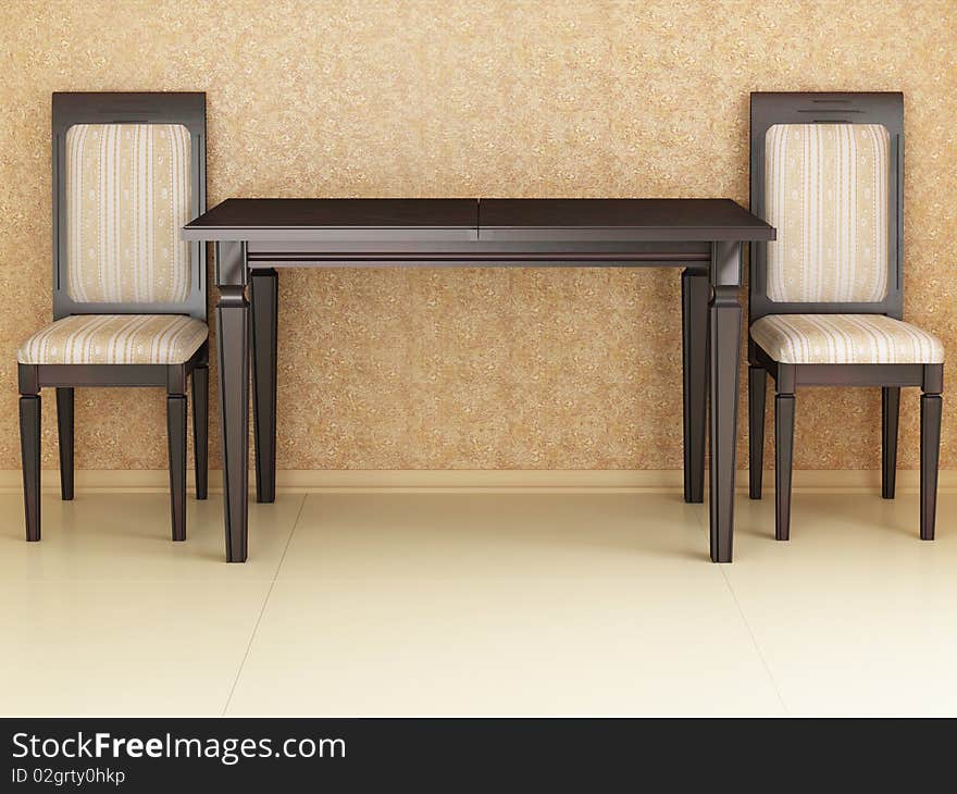 Dinner table with chairs, 3d interior