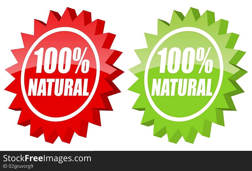 Red and green stickers of 100 % Natural, a  illustration.