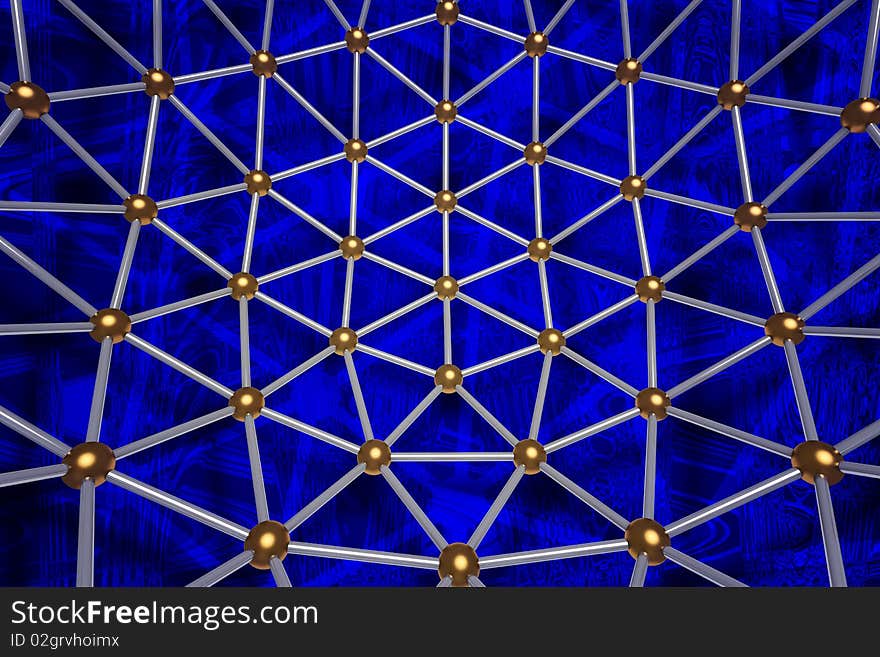 Abstract 3d shape with gold balls on a dark blue background. Abstract 3d shape with gold balls on a dark blue background