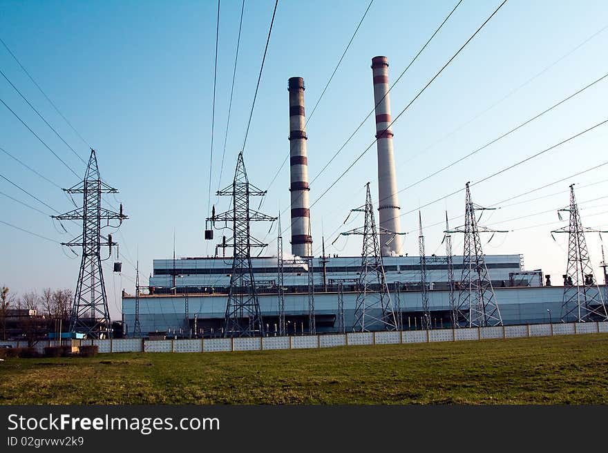 Wires departing from station making the electric power. Wires departing from station making the electric power