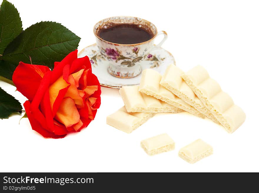 White chocolate, rose and a cup of coffee