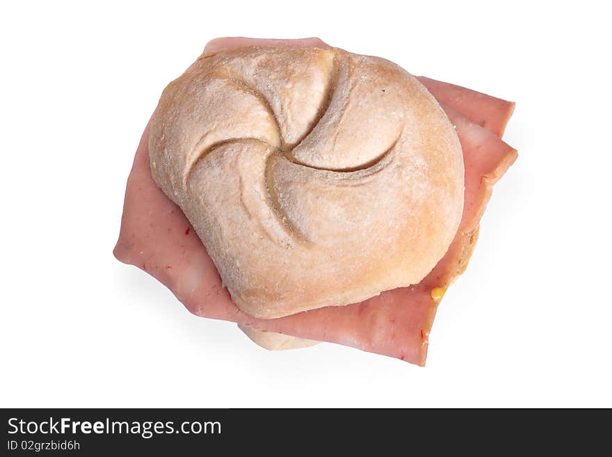 Bread roll filled with Bologna isolated on white background. Bread roll filled with Bologna isolated on white background