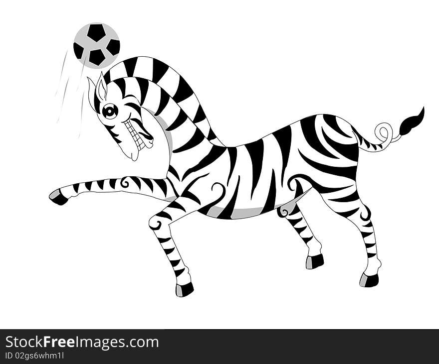 A smile zebra with full body and black stripe playing football. A smile zebra with full body and black stripe playing football