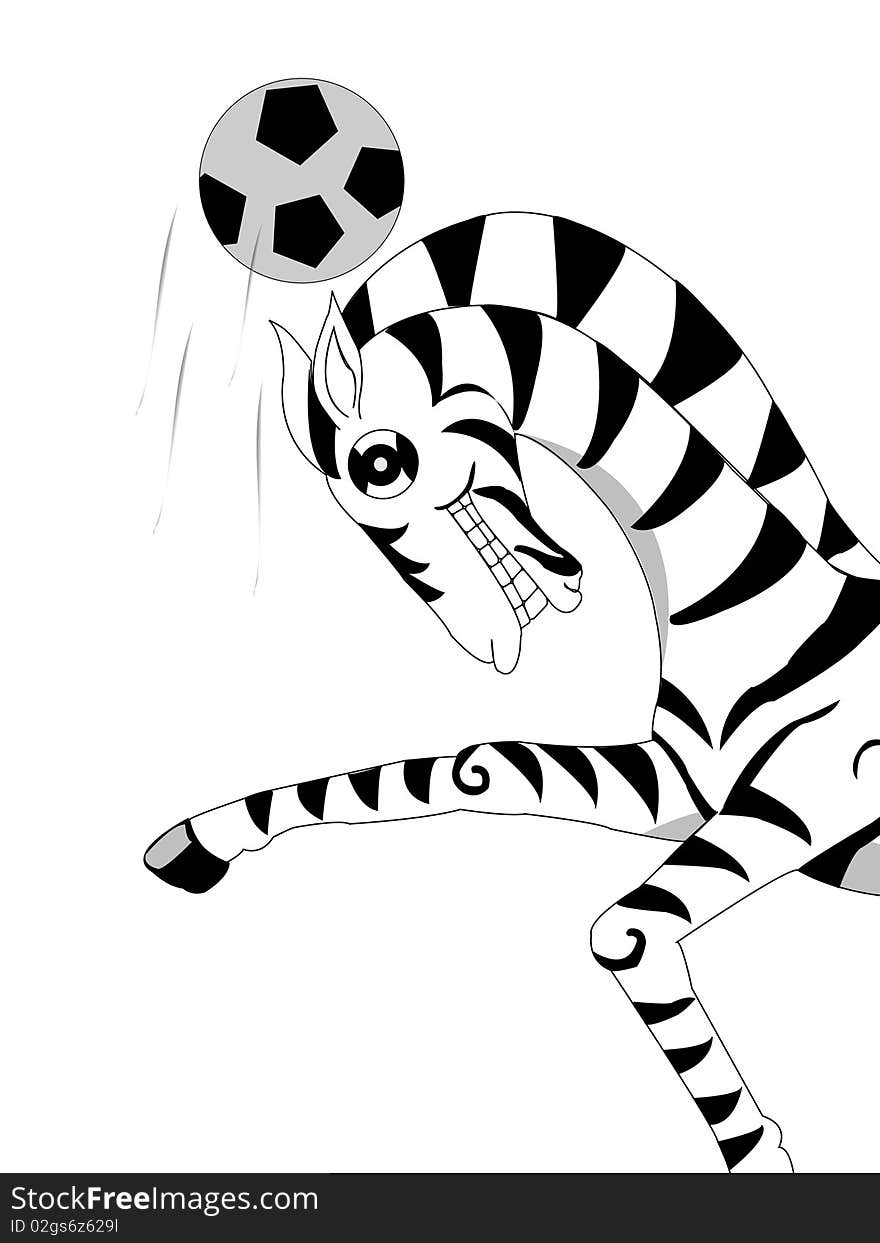 A smile zebra with full body and black stripe playing football. A smile zebra with full body and black stripe playing football