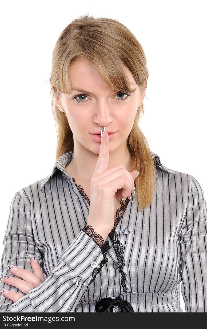 Portrait of young woman with silence sign isolated on white background. Portrait of young woman with silence sign isolated on white background