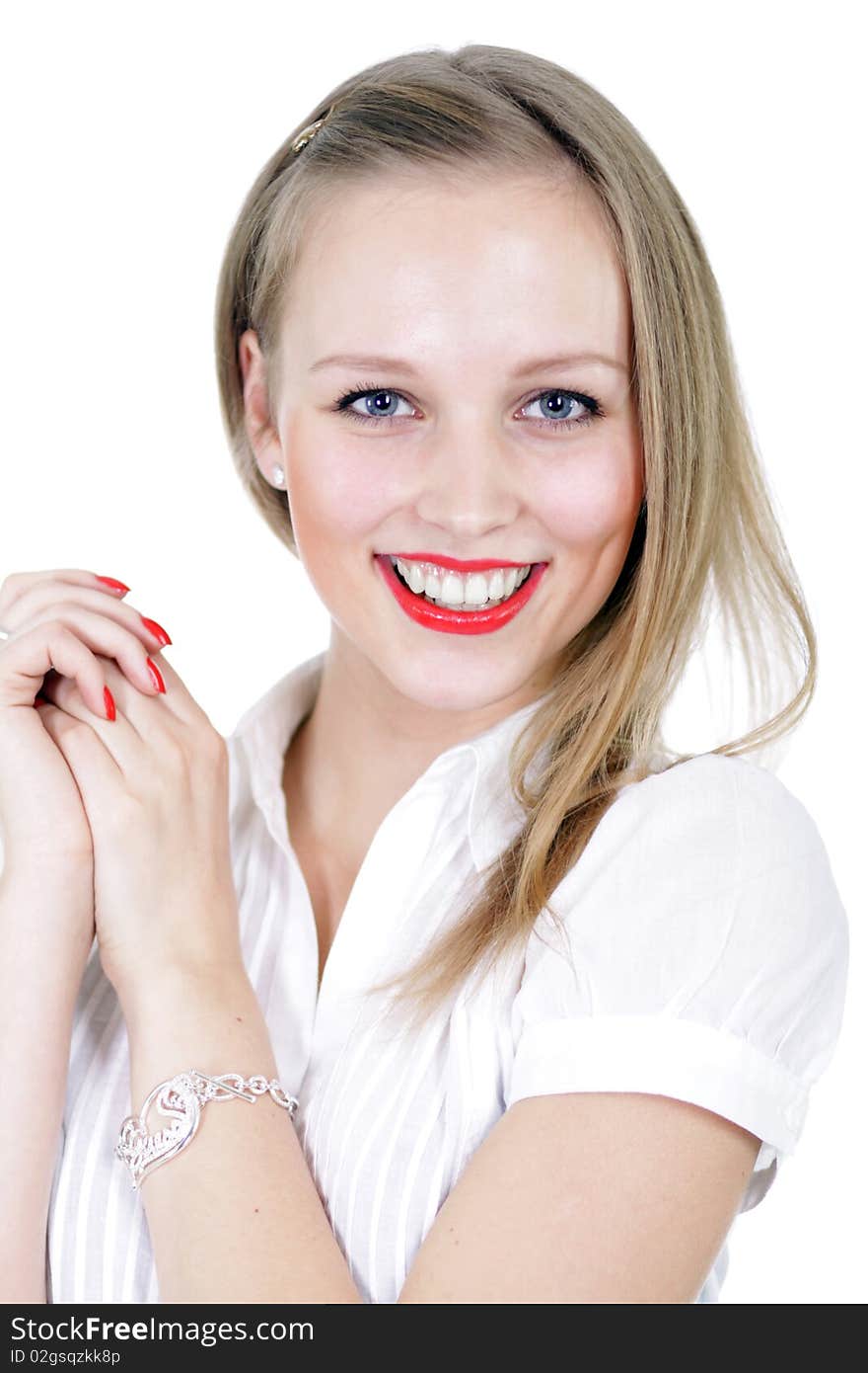 Portrait of young happy smiling woman, isolated on white. Portrait of young happy smiling woman, isolated on white