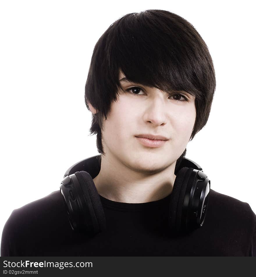 Boy with headphones isolated on white