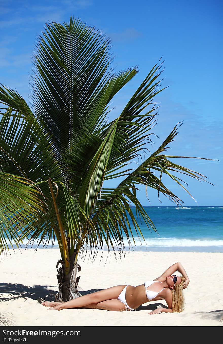 Young female in white bikini enjoying sunny day under palm tree on the tropical beach. Young female in white bikini enjoying sunny day under palm tree on the tropical beach