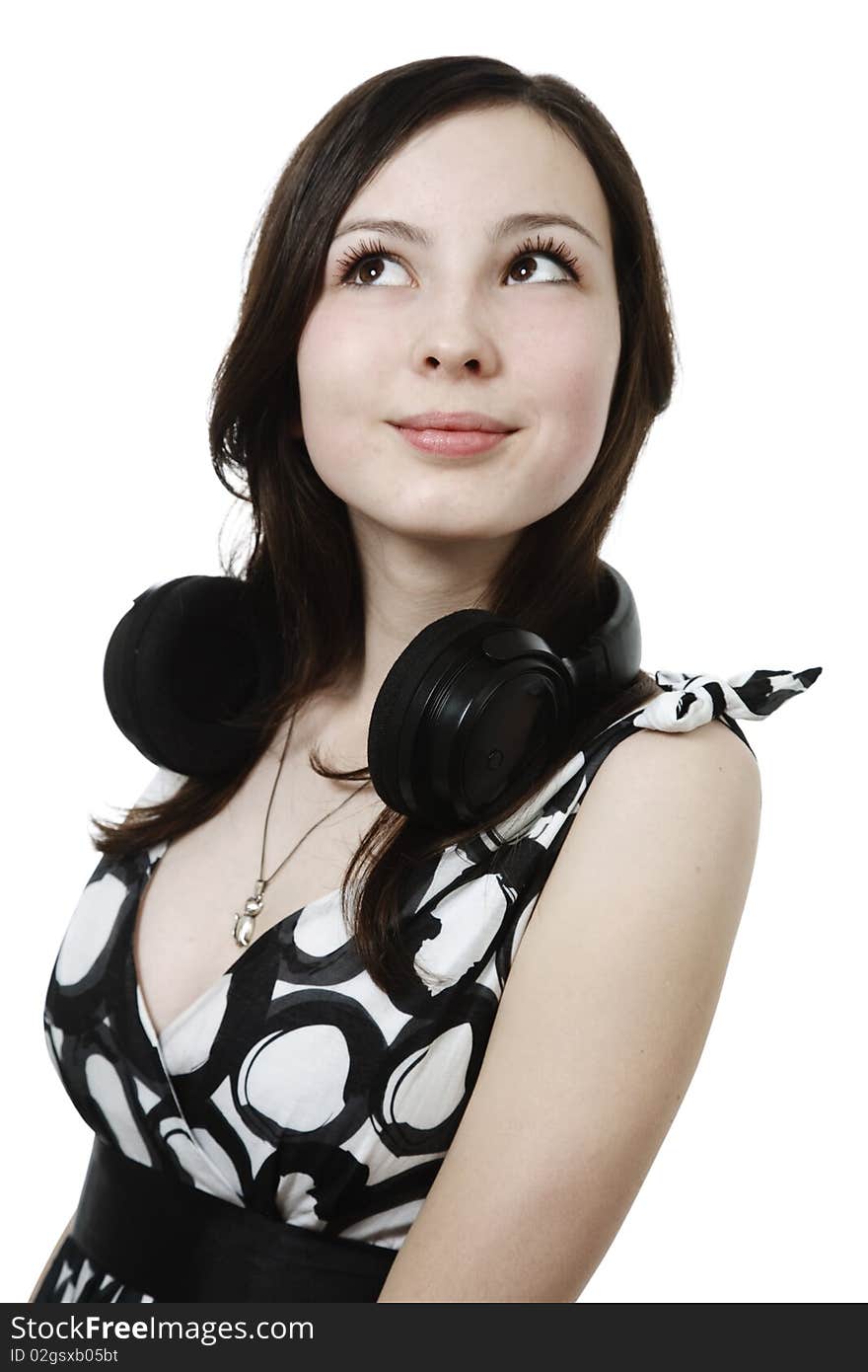 Girl with headphones isolated on white