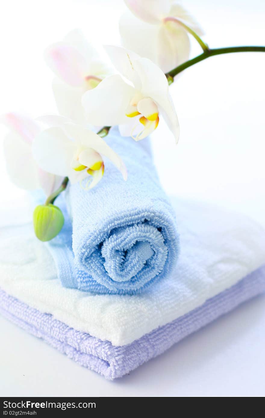 The small towels in roll with orchid around. The small towels in roll with orchid around