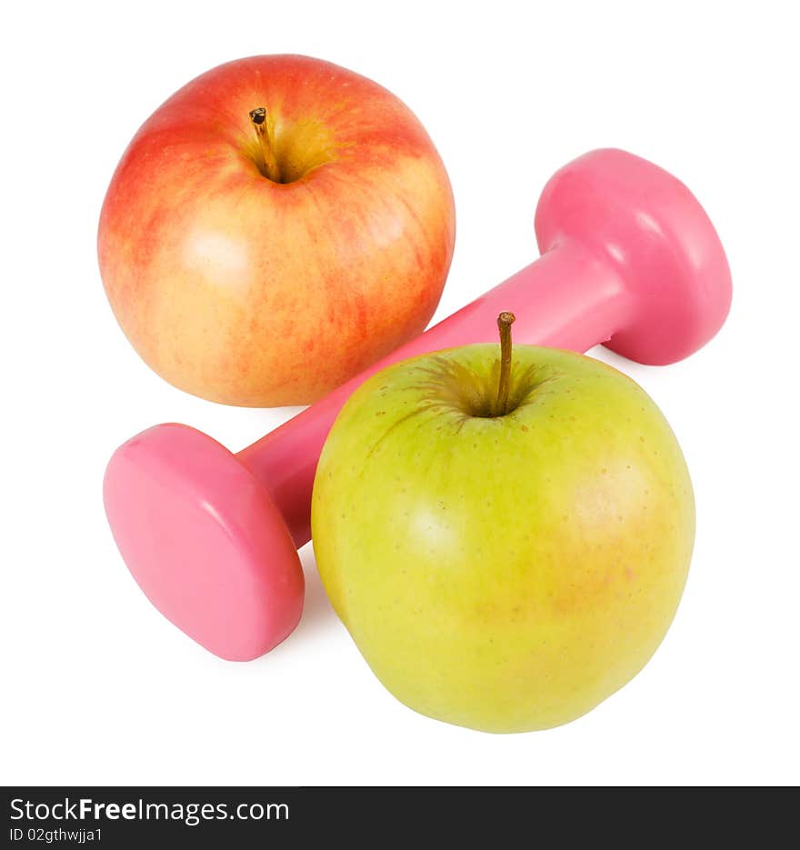 Pink dumbbells and two apples on a white background in percent shape. Pink dumbbells and two apples on a white background in percent shape