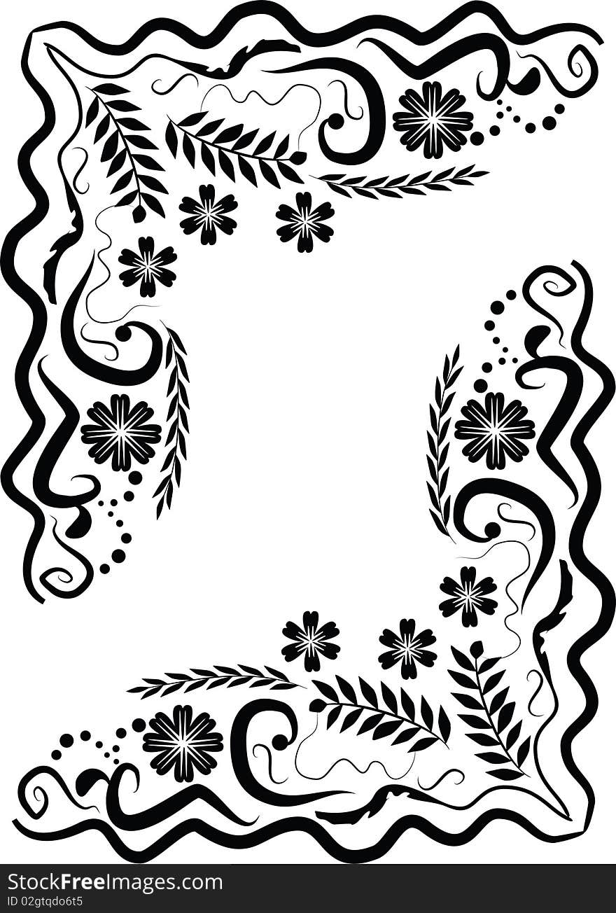 Black decorative corner frame with flowers and foliage. Black decorative corner frame with flowers and foliage