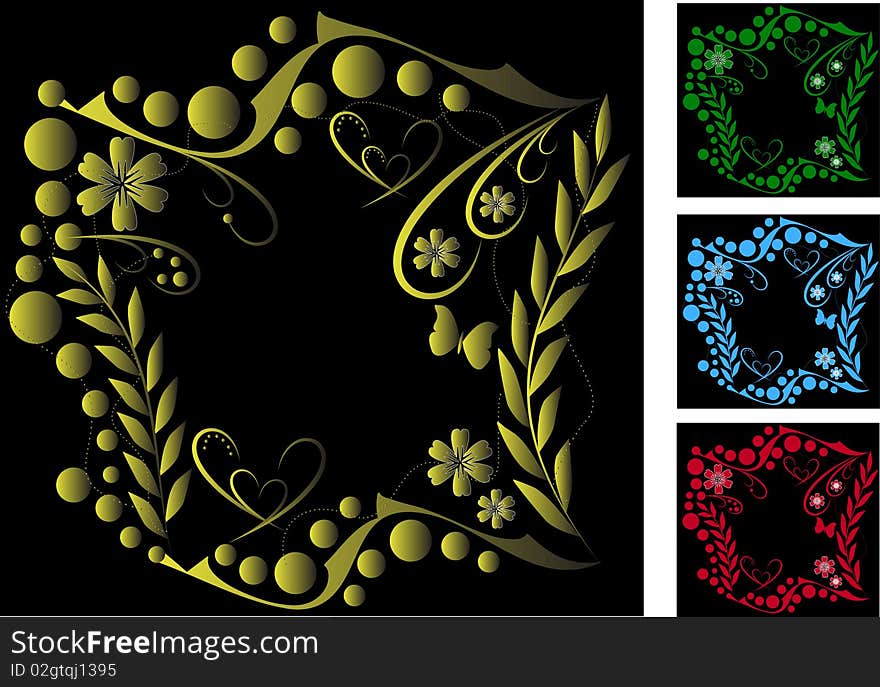 Collection of frames with floral pattern on a black background. Collection of frames with floral pattern on a black background