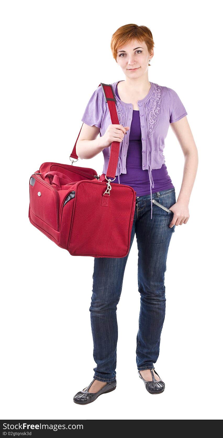 Young woman carry red bag isolated on white background. Young woman carry red bag isolated on white background