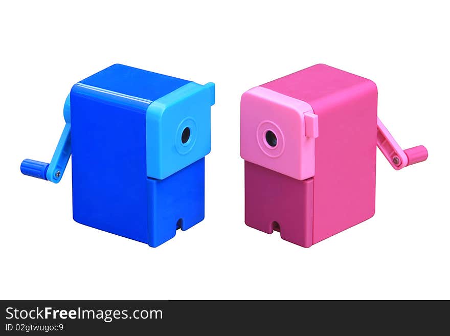 Pencil machine, square, pink, blue 2 color, students and office use, daily use for a pencil sharpener, and a cartoon logo.