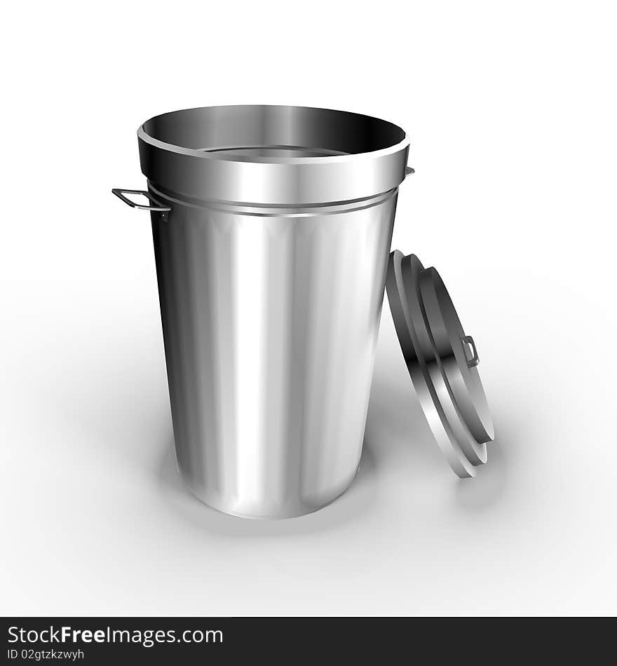 A simple empty metallic trash can, a 3d image. A simple empty metallic trash can, a 3d image