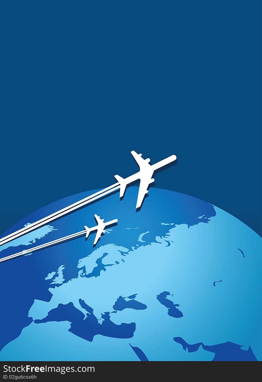 Planes traveling the world on a blue background