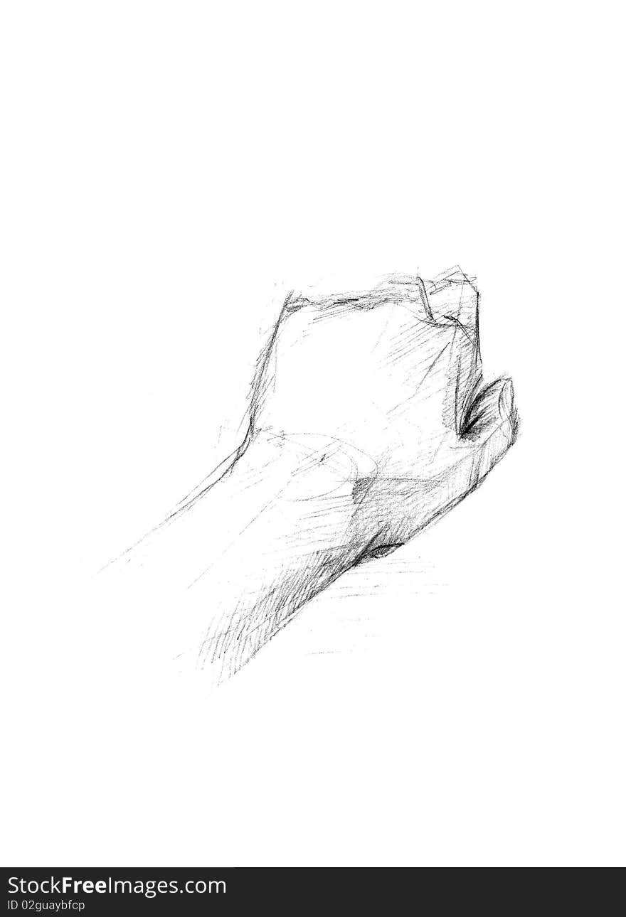 Picture by the pencil of brush and fingers of human left arm. Picture by the pencil of brush and fingers of human left arm