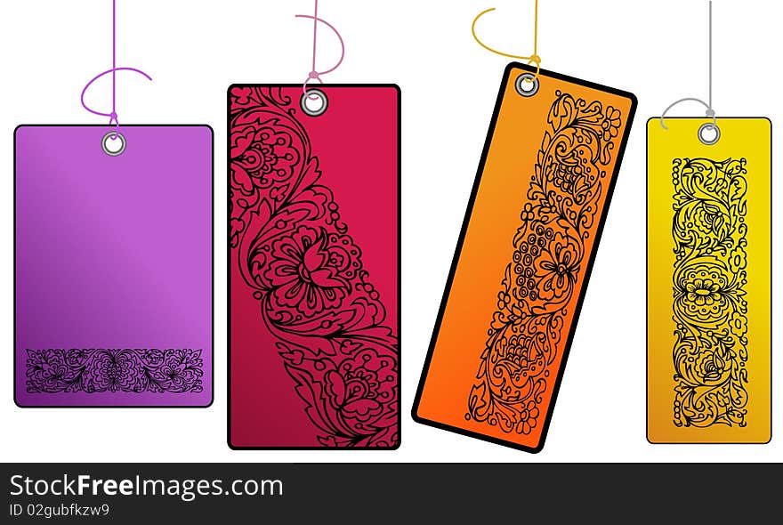 set of four colored ornamental tags