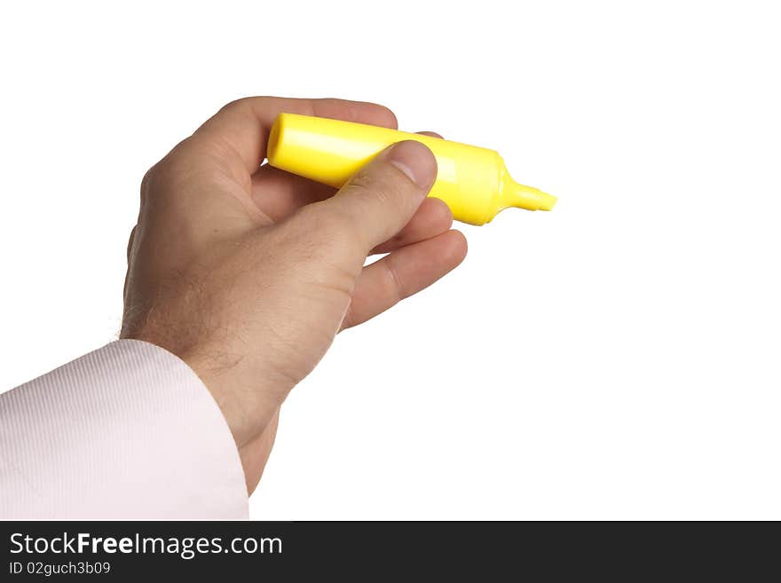 Man holding a yellow marker pen in his hand. Man holding a yellow marker pen in his hand