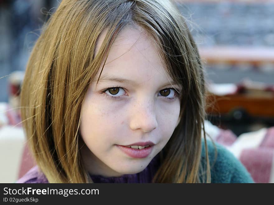 One child portrait with lovely smile and green eyes. One child portrait with lovely smile and green eyes