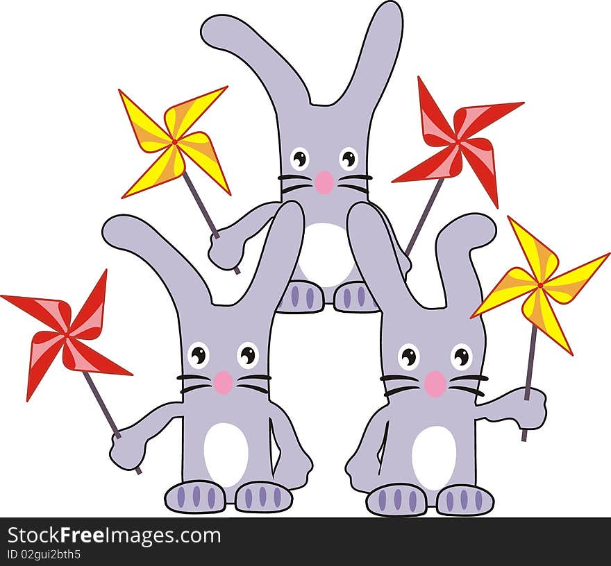 Three rabbits (hares) with spinners