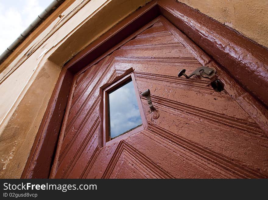 Wide angle view of old door