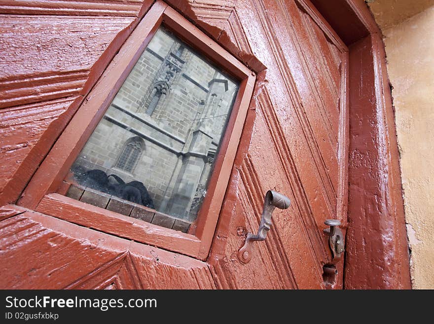 Wide angle view of old door