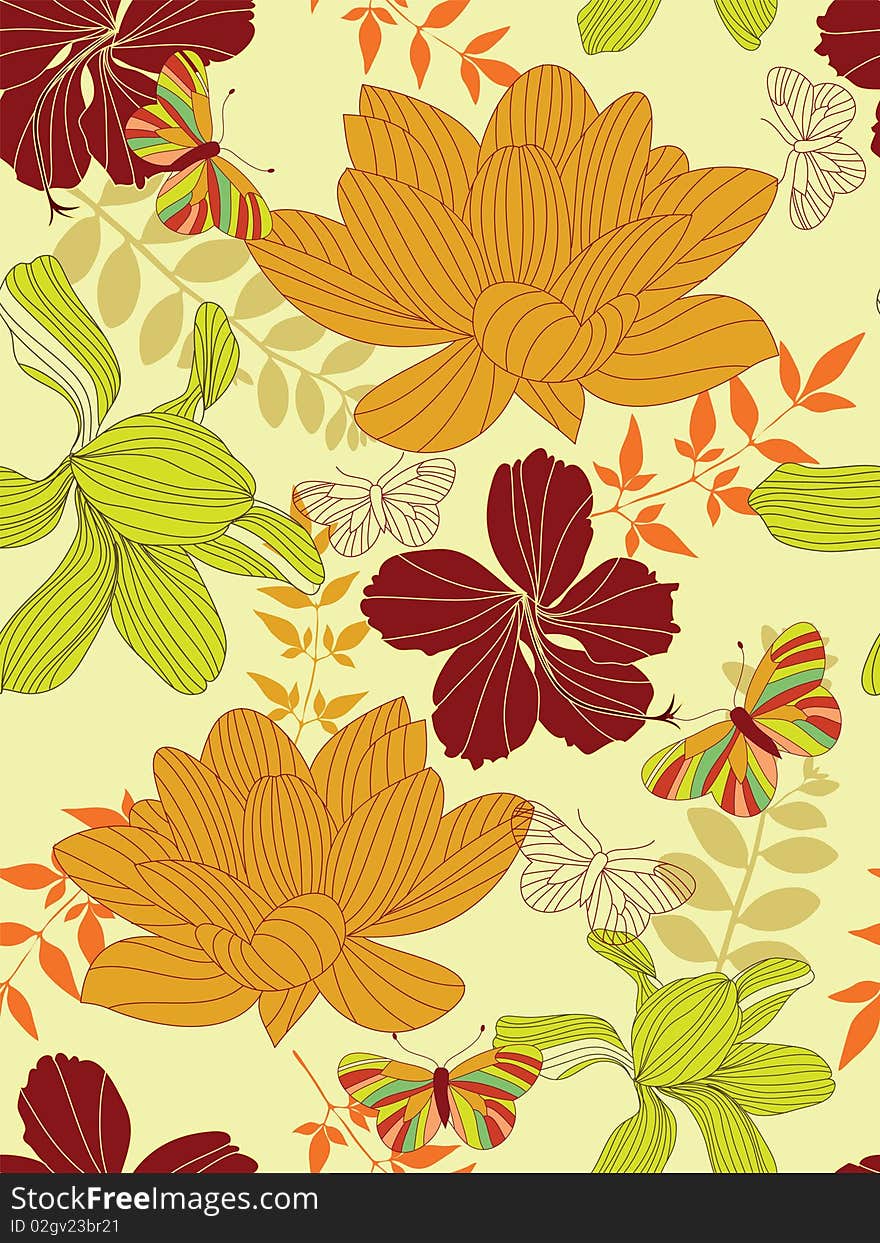 Seamless background with flowers, leaves and butterflies. Ready to use as swatch. Seamless background with flowers, leaves and butterflies. Ready to use as swatch.