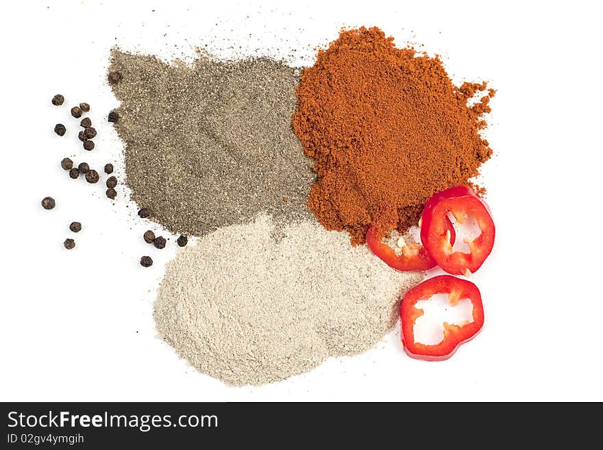 Different types of pepper on a white background. Different types of pepper on a white background