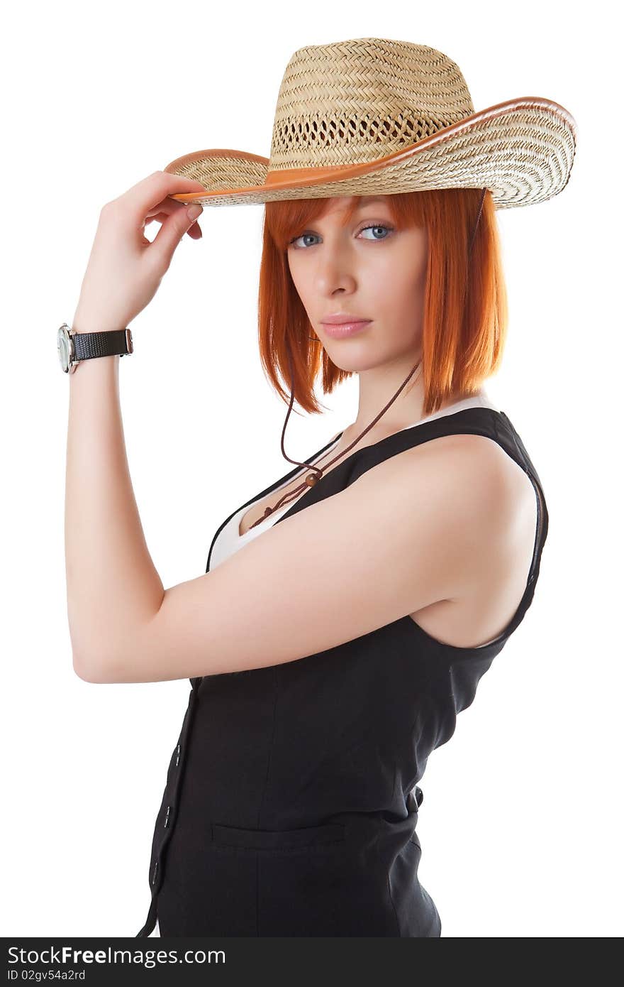 Beautiful red girl in a cowboy's hat. Beautiful red girl in a cowboy's hat