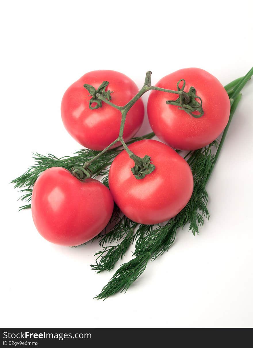 Ripe red tomatoes with dill on a white background. Ripe red tomatoes with dill on a white background